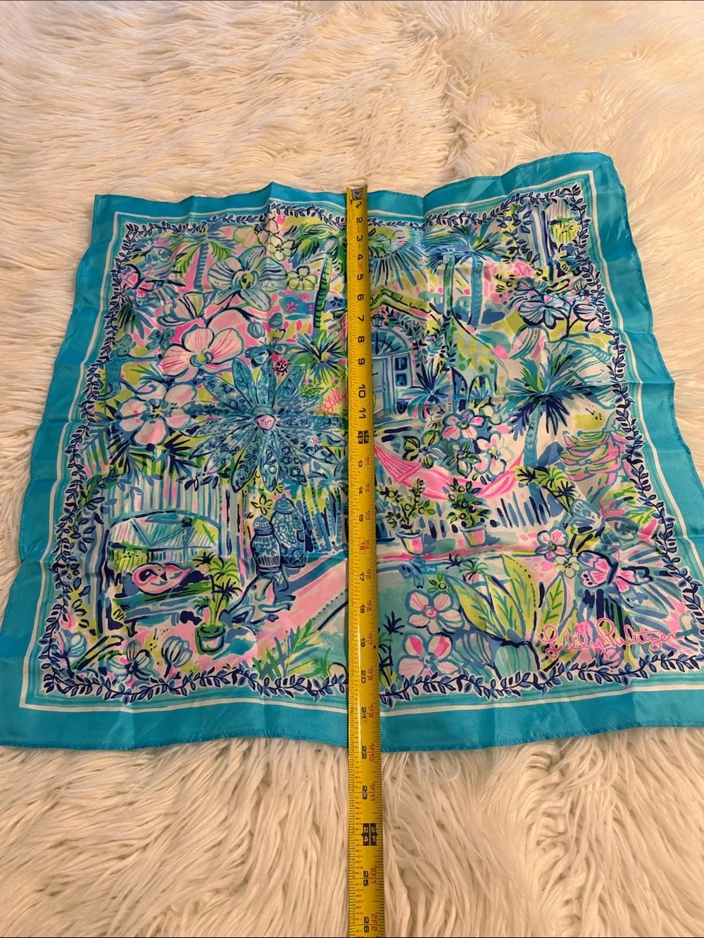 Lilly Pulitzer Tropical Floral Silk-Feel Scarf in Turquoise and Pink 100% silk